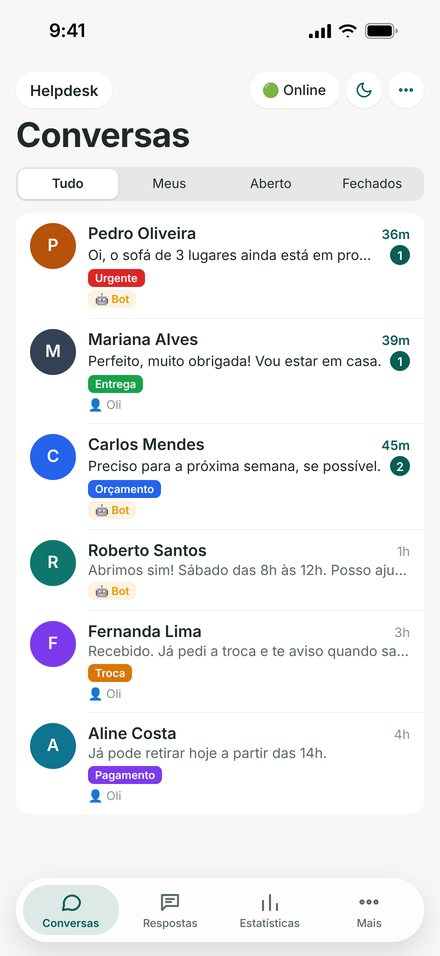 A lista de conversas no app AtendGo